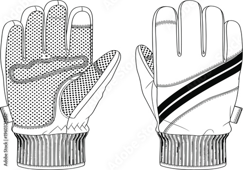 Technical vector line art illustration of performance sports gloves featuring textured grip palms, reinforced padding, ribbed cuffs, and athletic stripe detail