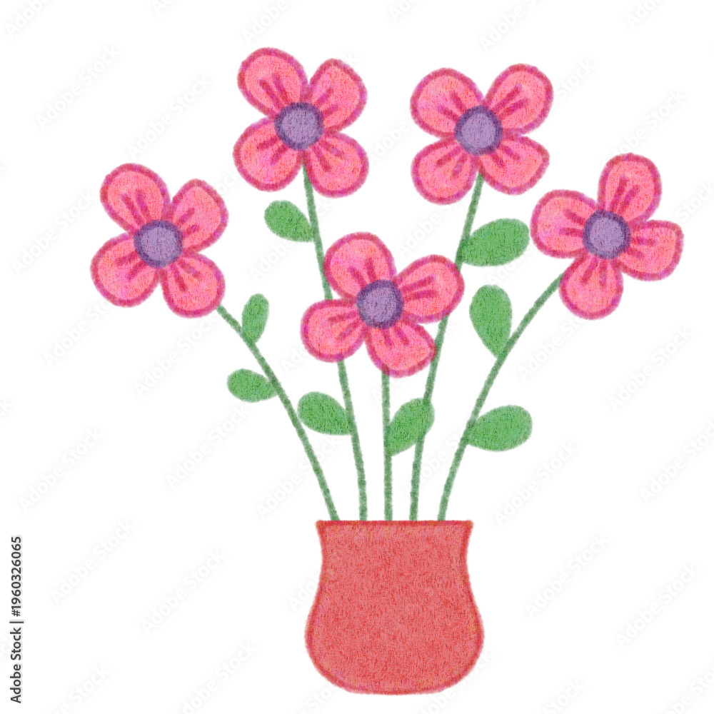 Obraz premium Cute hand-drawn pink flower in vase with transparent background 
