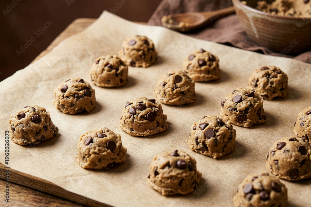 Obraz premium Raw Chocolate Chip Cookie Dough Balls on Parchment Paper
