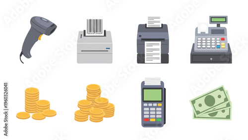 Retail Payment & Transaction Icons Set: Cash Register, Barcode Scanner, POS, Receipt Printers, Coins, and Bills