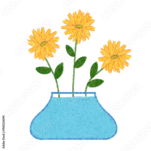 Cute hand-drawn sunflowers in a vase illustration with transparent background 