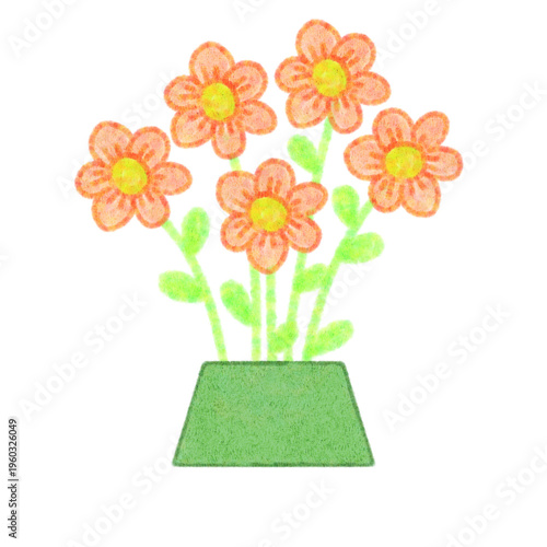 Cute hand-drawn orange flowers in vase with transparent background 