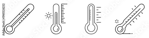 Line art illustration showing multiple thermometers indicating varying temperature levels