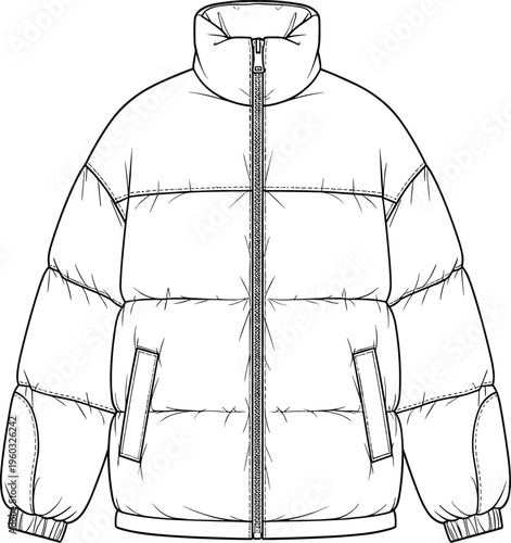 Technical Vector Line Art of a Puffer Jacket Front View, Oversized Quilted Winter Coat Apparel Mockup for Outerwear Design and Manufacturing