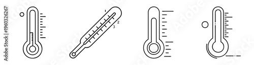 Black and white illustration of thermometers with various designs and temperature indicators