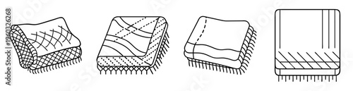 Four stylized images of folded blankets with different patterns and fringe