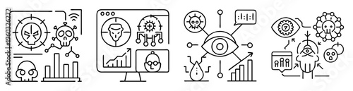 Abstract Cybersecurity Threats and Data Analysis Illustration in Monochrome Line Art
