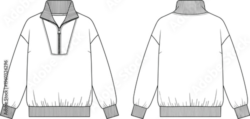 Technical Vector Line Art of a Quarter Zip Sweatshirt Front and Back View, High Collar Pullover Apparel Mockup for Design Template