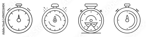 Four monochrome vector line art style drawing stopwatches of various designs