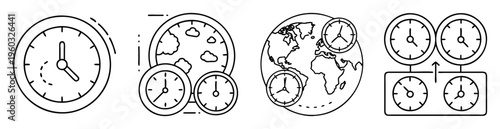 Time around the world, clocks, earth and time management outline vector