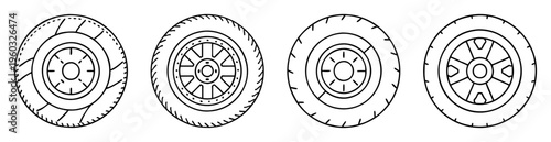Four different tire designs with unique tread patterns and rim styles
