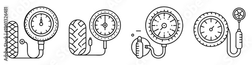 Collection of vintage black and white tire pressure gauges with tires
