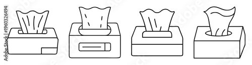 Black and white outline illustrations of four different tissue boxes with tissues