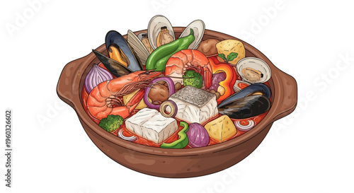 Delicious Seafood Stew with Fish, Shrimp, Mussels, and Clams in Clay Pot