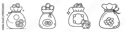 Variety of Money Bags and Treasure Pouches Illustrated in Black and White
