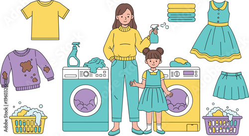 Mother and daughter doing laundry together with washing machine and dirty clothes character set cad drawing flat vector illustration isolated on white background.