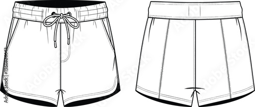 Technical Vector Line Art of Athletic Drawstring Shorts Front and Back View, Sporty Activewear Apparel Mockup Design Template for Fashion Manufacturing