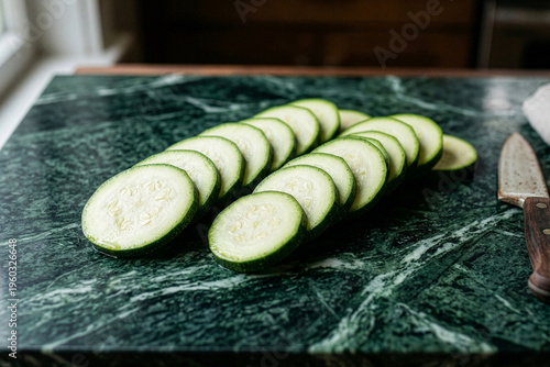Fresh Sliced Green Zucchini on a Marble Cutting Board