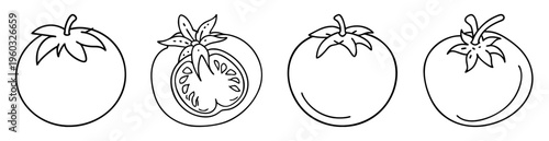 Black and white line drawing of fresh tomatoes in various styles
