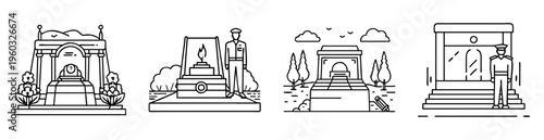 Line art illustrations of historical monuments or tombs with security personnel