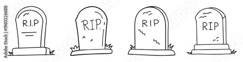 Cartoon illustration of four gravestones with RIP on them, black and white