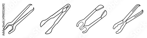Outlined images of various kitchen and serving tongs in a row