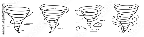Four Tornado Icons in a Line Art Style with Clouds and Wind