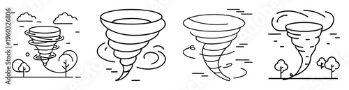 Various depictions of black and white line art style tornadoes