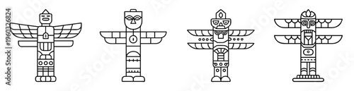 Four different totem pole depictions with varying tribal and cultural significance