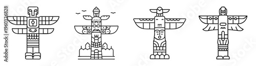 Four totem poles in line art style depicting cultural heritage