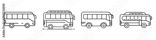 Different bus line drawings in simplistic black and white outline style