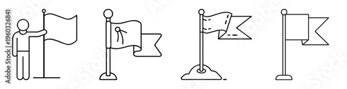 Simple black and white line drawing of flags and a person