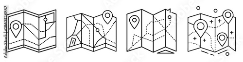 Collection of Folded Road Maps with Location Markers, Travel Guide Line Art