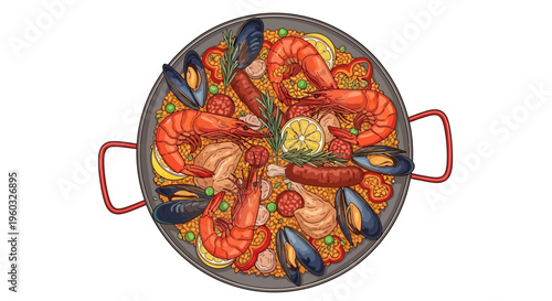 Seafood Paella, Spanish Rice Dish with Shrimp, Mussels, Lemon, and Peas