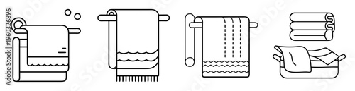 Black and White Outline Drawing of Towels in Various Arrangements and Positions