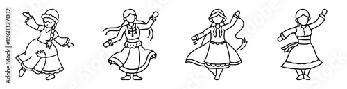 Outline illustrations of women wearing folk costumes in various dancing poses
