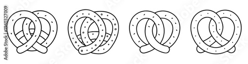 Four different pretzels variations, black and white line art illustration