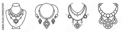 Stylized necklaces in simple black outline, jewelry design set, fashion illustration
