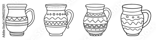 Stylized Line Art Depiction of Four Decorative Ceramic Jugs with Handles