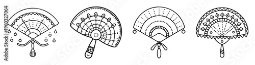Black and white line art illustration featuring a collection of ornate fans