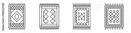 Outlined carpets with geometric patterns and fringe illustrating various design styles