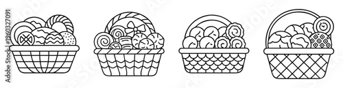 Four monochrome Easter baskets filled with eggs and candies line art drawing