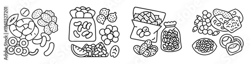 Monochrome vector illustration showcasing various types of nuts and seeds treats