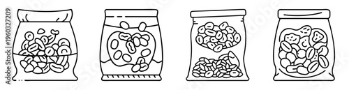 Four bags of roasted coffee beans in different packaging styles outline