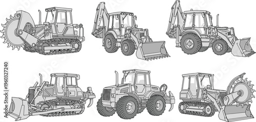 Construction machinery line drawings set including bulldozer, excavator, tractor and backhoe loader isolated on white background for industrial engineering illustration