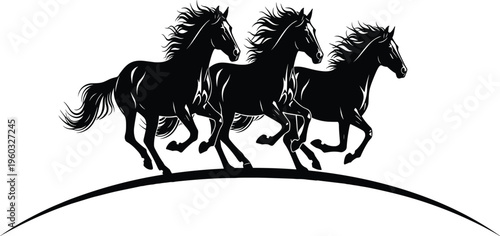 Three black galloping horses running fast silhouette illustration on white background, wild stallions power, strength, freedom, and equestrian sport concept
