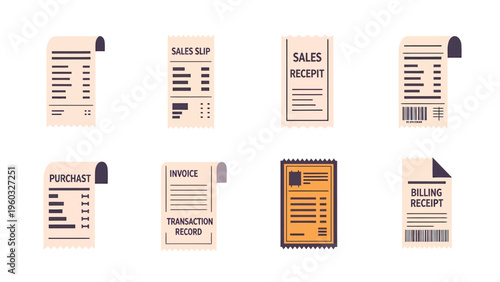 Financial transaction documents vector set: Sales slips, purchase receipts, invoices, and billing records isolated on white