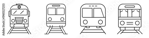Front view of different types of trains illustration in black and white