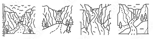 Set of four black and white line drawing mountain canyon landscapes
