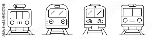 Minimalist line art depicting four distinct train designs on railway tracks